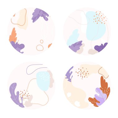 Organik şekillere ve botanik elementlere sahip yuvarlak ikonlar. Sosyal medya için taşıyıcı ışıklandırma hikayesi simgeleri. Modern stilde soyut, minimum organik çember arkaplanı..