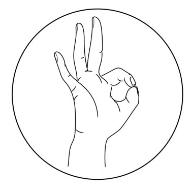 Hand gesture ok vector line art icon.Minimal design element for logo,print emblem and other things.OK sign in round frame black and white sketch