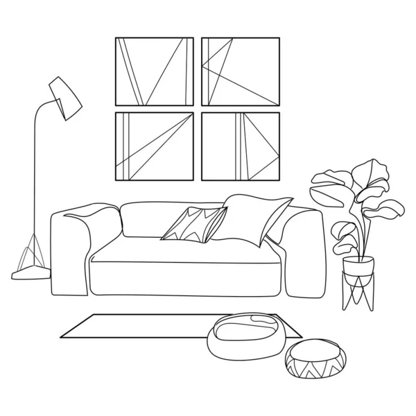 现代客厅室内线条艺术矢量插画 休憩的地方 沙发和枕头 盆中的植物 墙上的绘画 现代风格的简约室内装饰黑白相间 — 图库矢量图片