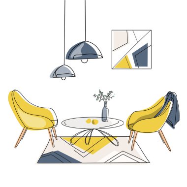 Modern minimalist stilde konsept tasarımı için modern iç tasarım, beyaza izole edilmiş vektör çizimi. Dergi masa lambaları ve resimli iki koltuk. Modern mobilyalı renkli suktch.