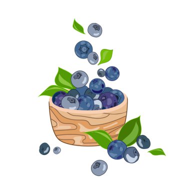 Beyaz arka planda izole edilmiş ahşap bir kase vektör illüstrasyonuna uçan yaban mersini. Yaprak çizimli yabanmersini..