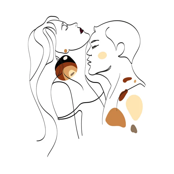 Minimalistic face line art couple man and woman kissing Vector outline illustration on white background.Male and female.One line drawing.Romantic poster.Man kissing a woman Abstract drawing