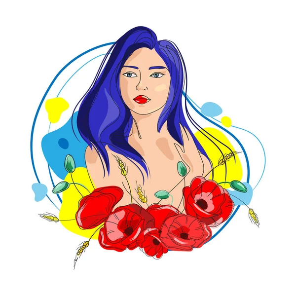 Ukrajinská Žena Červenými Květy Mák Portrét Abstraktním Stylu Kresby Vektorové — Stockový vektor