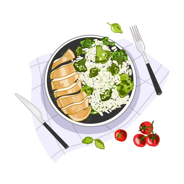 Hühnerbrust Mit Reis Und Brokkoli Auf Einem Teller Draufsicht Vektorillustration — Stockvektor