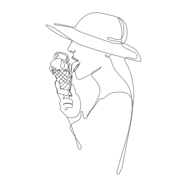 Dibujo Línea Continua Mujer Sombrero Comiendo Helado Cono Ilustración Vectorial — Vector de stock