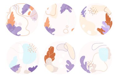 Sosyal medya için vektör vurgu hikayesi simgeleri. Çiçek elementleri pastel renklere sahip modern tarzda soyut, minimal organik çember arkaplan. Simge, kapak, etiket, amblem, logo olarak kullanılabilir. 