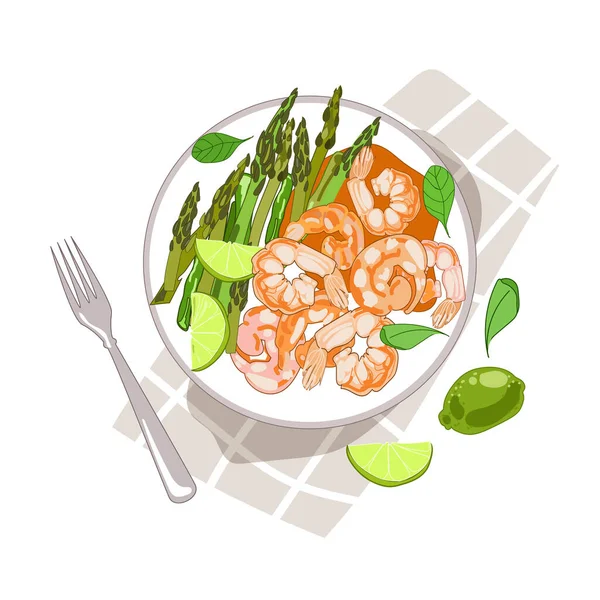 Fried Prawns Shrimps Green Asparagus Peaks Lime Slice Plate Top — Stock Vector