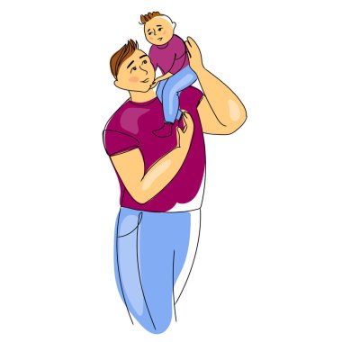 Baba ve çocuk vektör illüstrasyonu beyaz arka planda izole edildi. Mutlu bir babanın tatlı çocuğunu omuzlarına aldığı tebrik kartı. Aile birlikte vakit geçiriyor. Baba ve oğul çizgi film çiziyor.