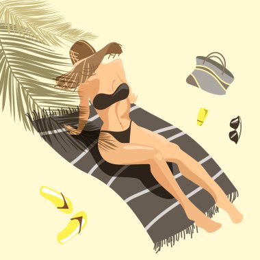 Beautiful young tanned girl in a hat and swimsuit sunbathes on the beach Top view.Vector illustration on the theme of summer holidays. Summer vacation concept.Woman in bikini