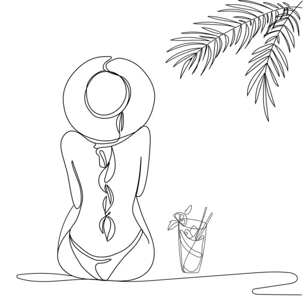Young Woman Cocktail Beach Sitting Line Art Vector Illustration Continuous — Stock Vector