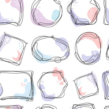 Beyaz arkaplan vektörü grafiğinde karalama şekilli kareler ve pastel organik şekiller ve lekeler ile soyut ve pürüzsüz bir arkaplan. Tekstil, duvar kağıdı, kart ve diğer tasarım için el çizimi arkaplan