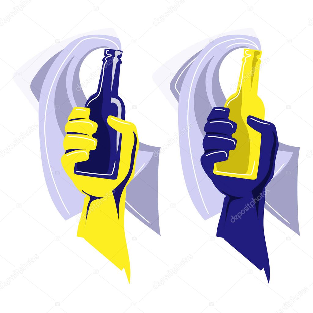 Molotov cocktail in human hand in blue and yellow color vector illustration.Hand holding Molotov cocktail,Sign of Ukrainian resistance in the war against Russia.Abstract patriotic concept art.