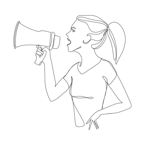 Activista Mujer Gritando Megáfono Ilustración Arte Línea Vectorial Mujer Joven — Archivo Imágenes Vectoriales