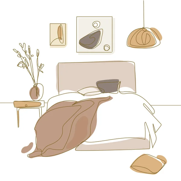 Japandi Merancang Interior Kamar Tidur Dengan Tempat Tidur Chandelier Lukisan - Stok Vektor