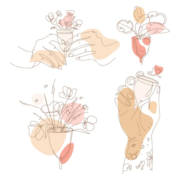 Set Line Art Various Menstrual Cups Flower Woman Hand Hold — Image vectorielle