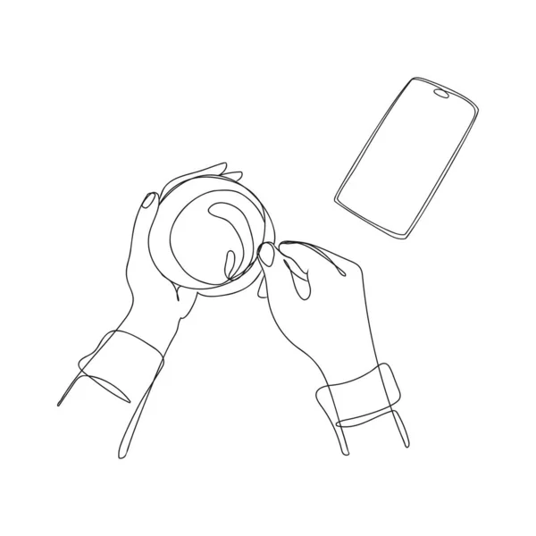 Hands Holding Cup Tea Coffee Smartphone Lies Nearby Top View — ストックベクタ