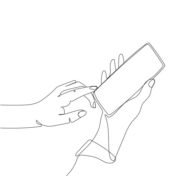 Continuous Line Drawing Hand Using Modern Mobile Phone Human Hands — Vettoriale Stock