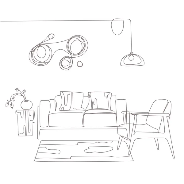 Modern Living Room Interior Outline Sketch Vector Drawing Leisure Place — Vetor de Stock
