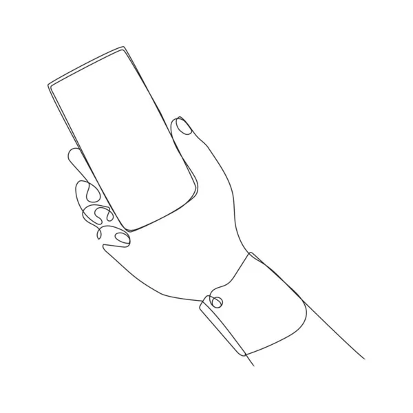 Mão Segurando Moderno Smartphone Linha Contínua Desenho Vetor Illustration Minimal — Vetor de Stock