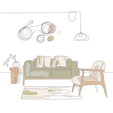 Çağdaş modern el çizimi vektör çizimi. Minimalist bir Japon tarzında, doğal renklere sahip bir oturma odasının iç tasarımı. Beyaz arka plan üzerine çizgi çizimi.