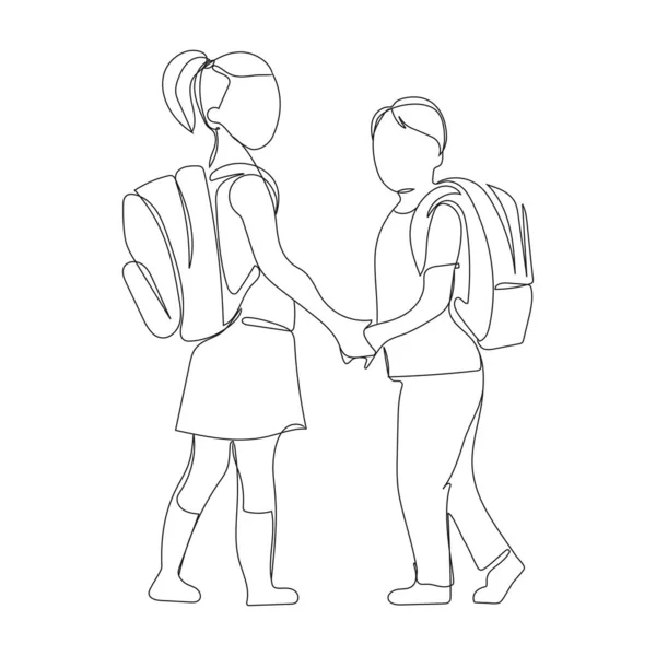 Children Going School Backpacks Continuous Line Drawing Vector Graphic Schoolchildren — Image vectorielle