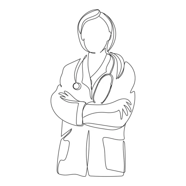 Female doctor with crossed arms Continuous line drawing vector illustration isolated on white background, Female doctor with stethoscope minimalist design.Health worker