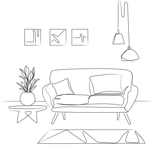 Ilustrasi Sketsa Vektor Interior Ruang Tamu Modern Tempat Santai Untuk - Stok Vektor