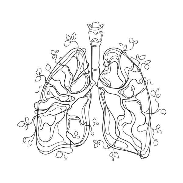Human Lungs with Plant Branches and Leaves Growing from an Organ,Line art drawing,vector.Black and white sketch,creative idea for logo,icon,print,emblems and more.Human Internal Organ Lungs abstract
