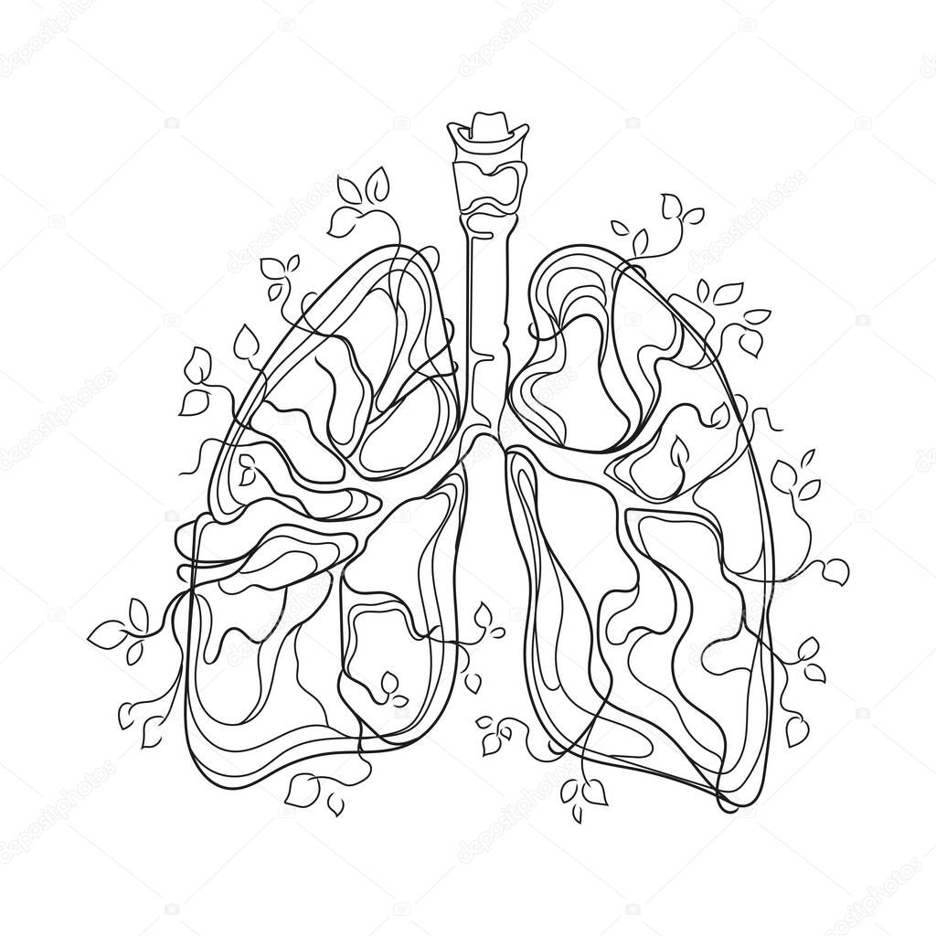 Human Lungs with Plant Branches and Leaves Growing from an Organ,Line art drawing,vector.Black and white sketch,creative idea for logo,icon,print,emblems and more.Human Internal Organ Lungs abstract