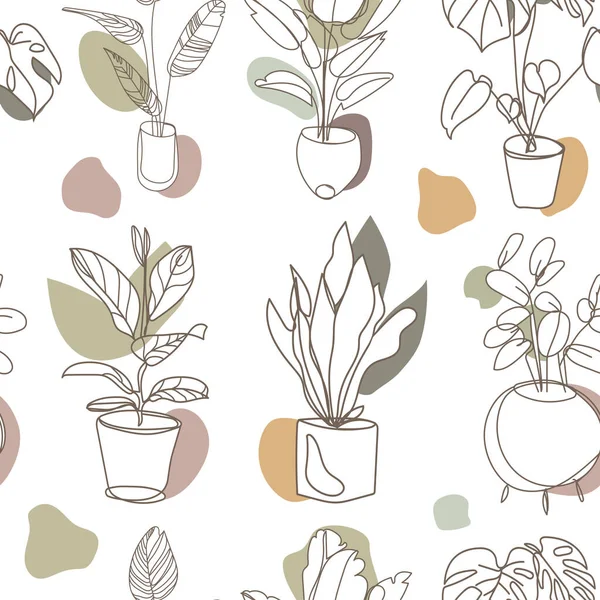 Houseplant Pots Seamless Pattern Line Art Drawing White Background Vector — 스톡 벡터