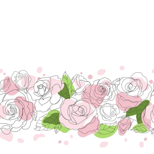 Roses Line Drawing Seamless Border Pink Spots Petals White Vector — Stock vektor