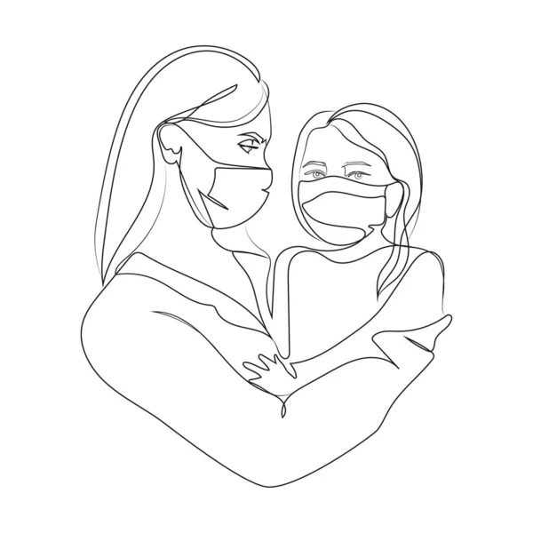 Mother Daughter Her Arms Medical Protective Face Masks Line Drawing — Archivo Imágenes Vectoriales