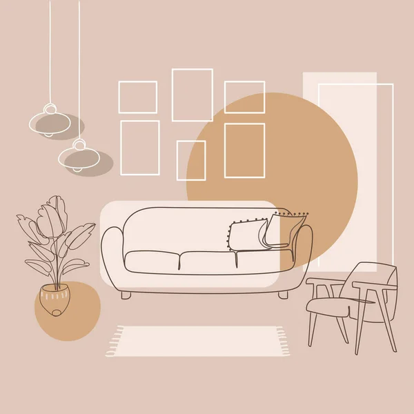 Modern Design Living Room Interior Line Art Drawing Abstract Style - Stok Vektor