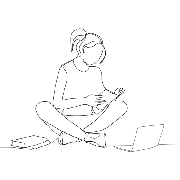 Woman Girl Student Reading Book Sitting Floor Open Laptop Continuous — Vettoriale Stock