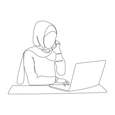 Muslim woman in hijab working with computer laptop and holding smartphone in hand, business people, diversity and office concept. Muslim business woman continuous line drawing, vector illustration