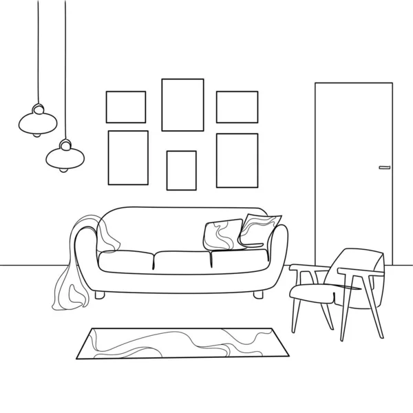 Minimalistic Living Room Interior Line Art Sketch Drawing Sofa Armchair — Image vectorielle