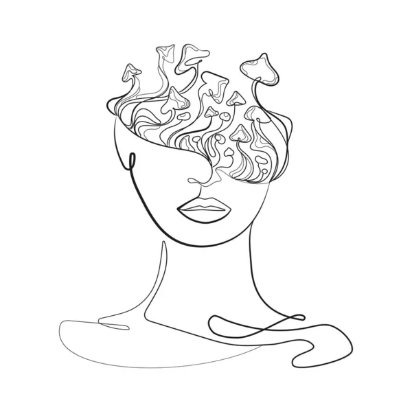 Abstract Woman Face Mushrooms Head Minimal Art Line Drawing Vector — ストックベクタ