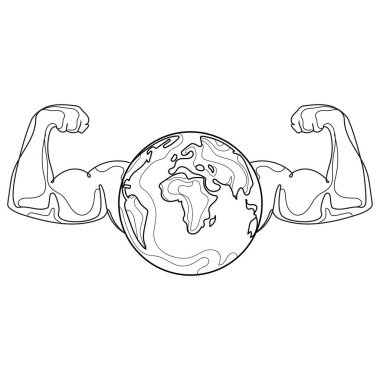 Planet Earth with strong muscular arms Line art drawing in abstract style,vector illustration isolated .Strong Earth concept.Strong Earth.Planet bodybuilder.Sports World.Logo, emblem, icon design
