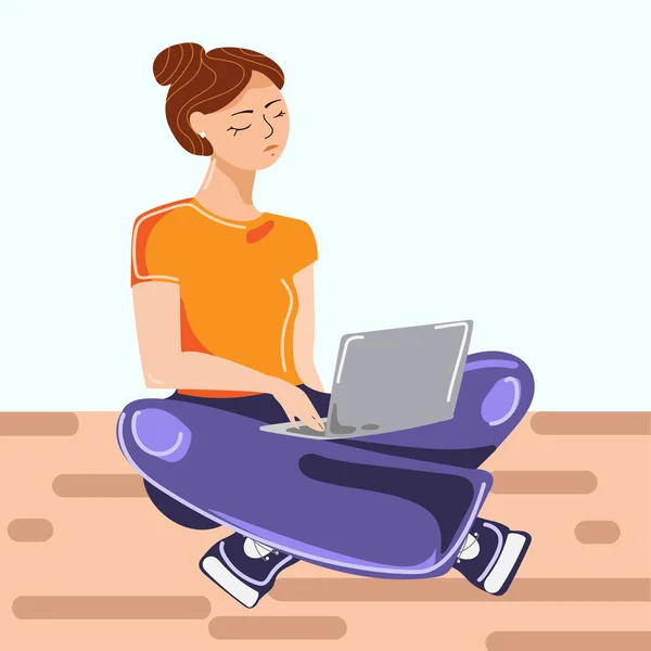 Young Woman Girl Working Laptop Computer While Sitting Floor Legs — Vettoriale Stock