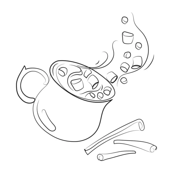 Ποτό Κακάο Marshmallows Και Ξυλάκια Κανέλας Εικόνα Φορέα Σχεδίασης Γραμμής — Διανυσματικό Αρχείο