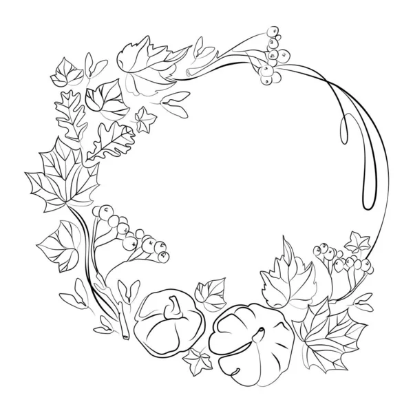 Autumn Frame Wreath Pumpkins Leaves Branches Rowan Vector Black White —  Vetores de Stock