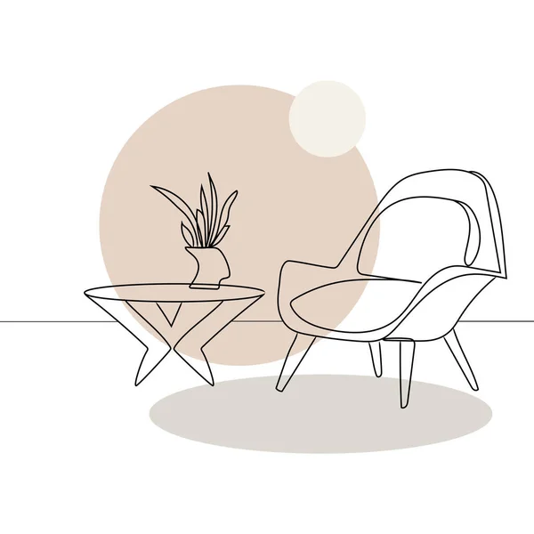 Armchair Table Vase Flowers Line Drawing Geometric Pastel Shapes Modern — Image vectorielle