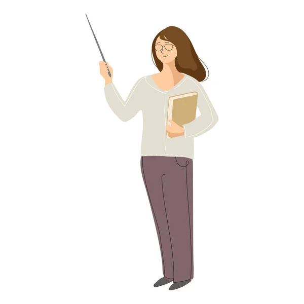 Female Teacher Holding Pointer Book Vector Simple Illustration Isolated White — Archivo Imágenes Vectoriales