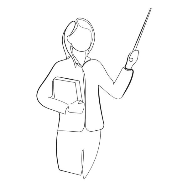 Female Teacher Pointer Her Hand Book Line Drawing Vector Illustration — Stock vektor