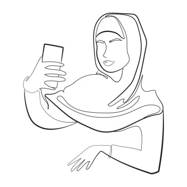 Modern Muslim woman in hijab taking selfie,continuous line drawing Isolated vector illustration.Arab woman,girl holding smartphone,communicates by video link,Minimal art drawing,black and white sketch