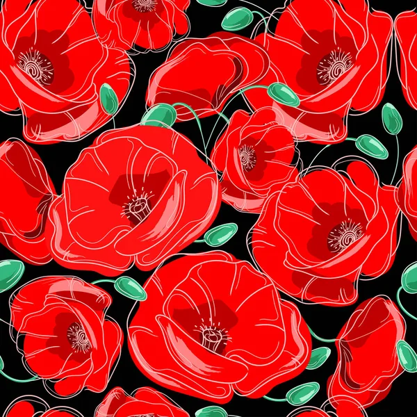 Red Flowers Poppy Seamless Pattern Black Background Vector Illustration Floral — Stok Vektör