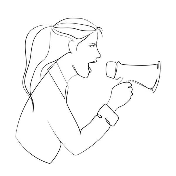 Woman Activist Screaming Loudspeaker Vector Line Drawing Woman Shouts Megaphone — Stock vektor