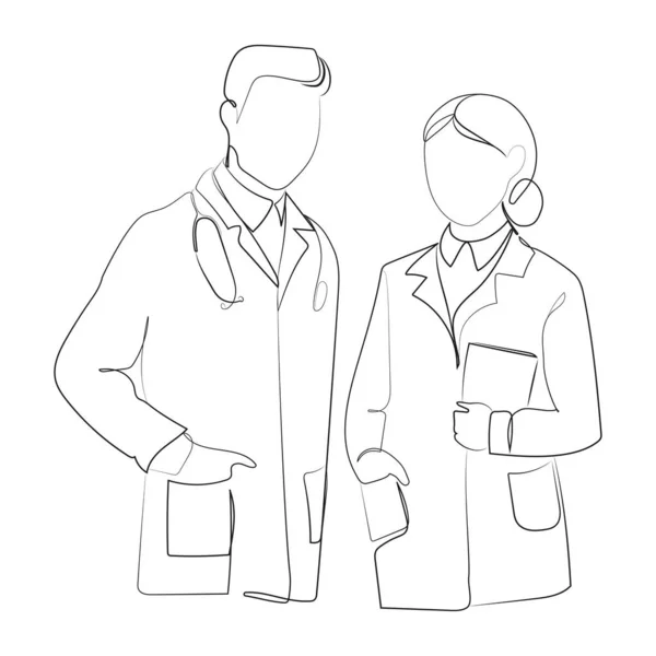 Young Male Female Doctors Standing Together Single Continuous Line Drawing — Vector de stoc