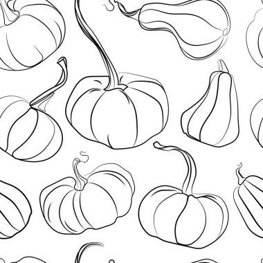 Pumpkin Seamless Pattern black and white line art drawing vector illustration.Can be used as element in design works for Thanksgiving day,Halloween or another Autumn Concept.Pumpkins background