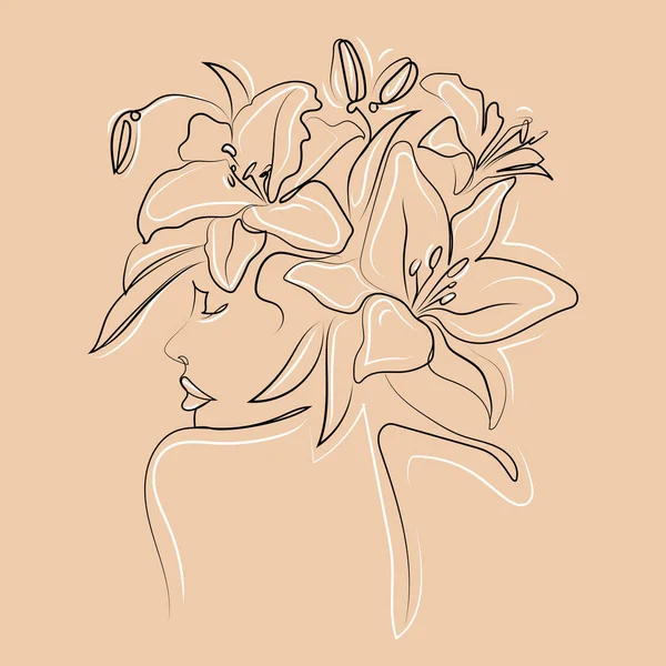 现代抽象线条简约的女性在裸体米色背景的头状图上 面对着百合花 花线的头像 花线的头像 花的女性标志设计 时尚印刷品 化妆品 — 图库矢量图片